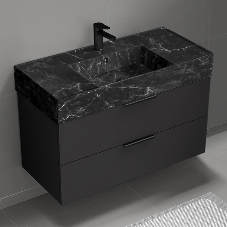 Nameeks DERIN905 Wall Mounted Bathroom Vanity With Black Marble Design Sink, Modern, Single, 40 Inch, Matte Black